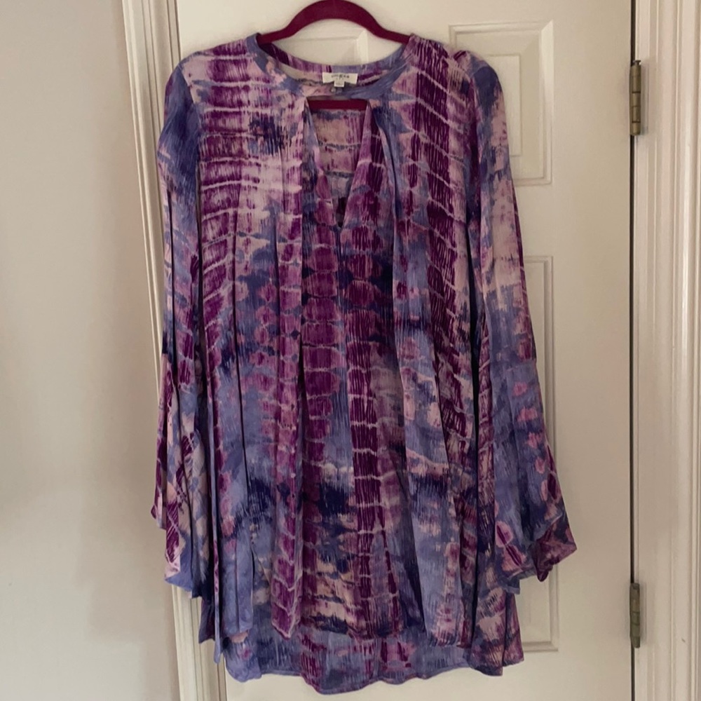 purple tie dye dress with bell sleeves